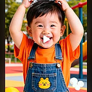 Joke joined the competition — help win amazing prizes! child, toddler, smiling, happy, denim_overalls, orange_shirt, playground, outdoor, cute, face, hair, joyful, young, person, fun, colorful, daylight, casual_clothing, yellow_ball, park