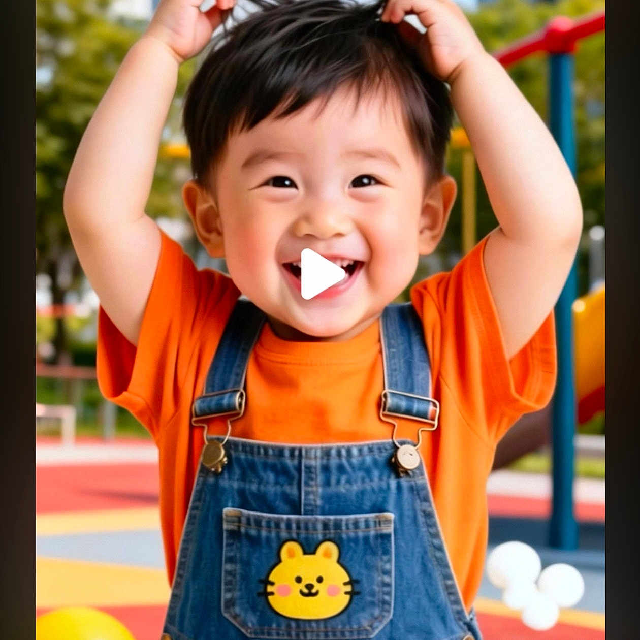 Joke joined the competition — help win amazing prizes! casual_clothing, child, colorful, cute, daylight, denim_overalls, face, fun, hair, happy, joyful, orange_shirt, outdoor, park, person, playground, smiling, toddler, yellow_ball, young