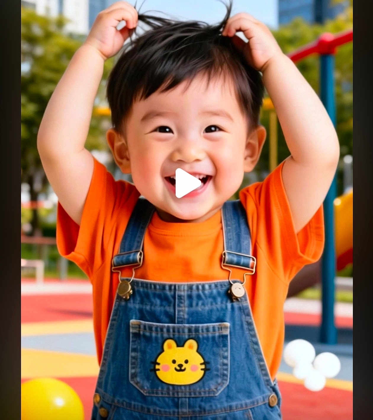 Joke joined the competition — help win amazing prizes! child, toddler, smiling, happy, denim_overalls, orange_shirt, playground, outdoor, cute, face, hair, joyful, young, person, fun, colorful, daylight, casual_clothing, yellow_ball, park