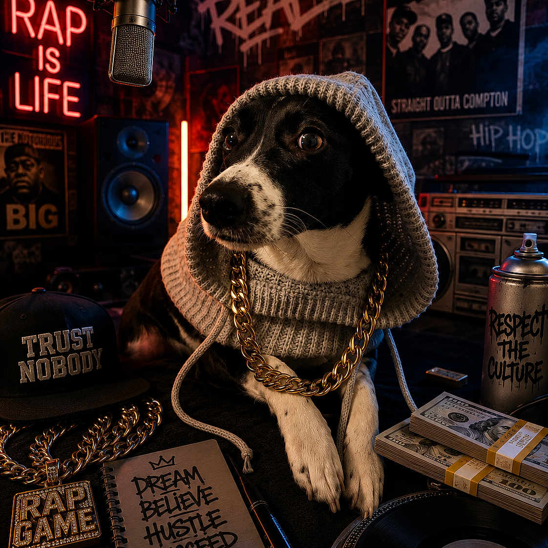 Lylyz La Peste a rejoint le concours — aidez-le/la à gagner de superbes lots ! dog, hoodie, gold_chain, money, microphone, notebook, spray_paint_can, vinyl_record, turntable, hat, speaker, graffiti, poster, rap, hip_hop, studio, music, urban, street_style, indoor