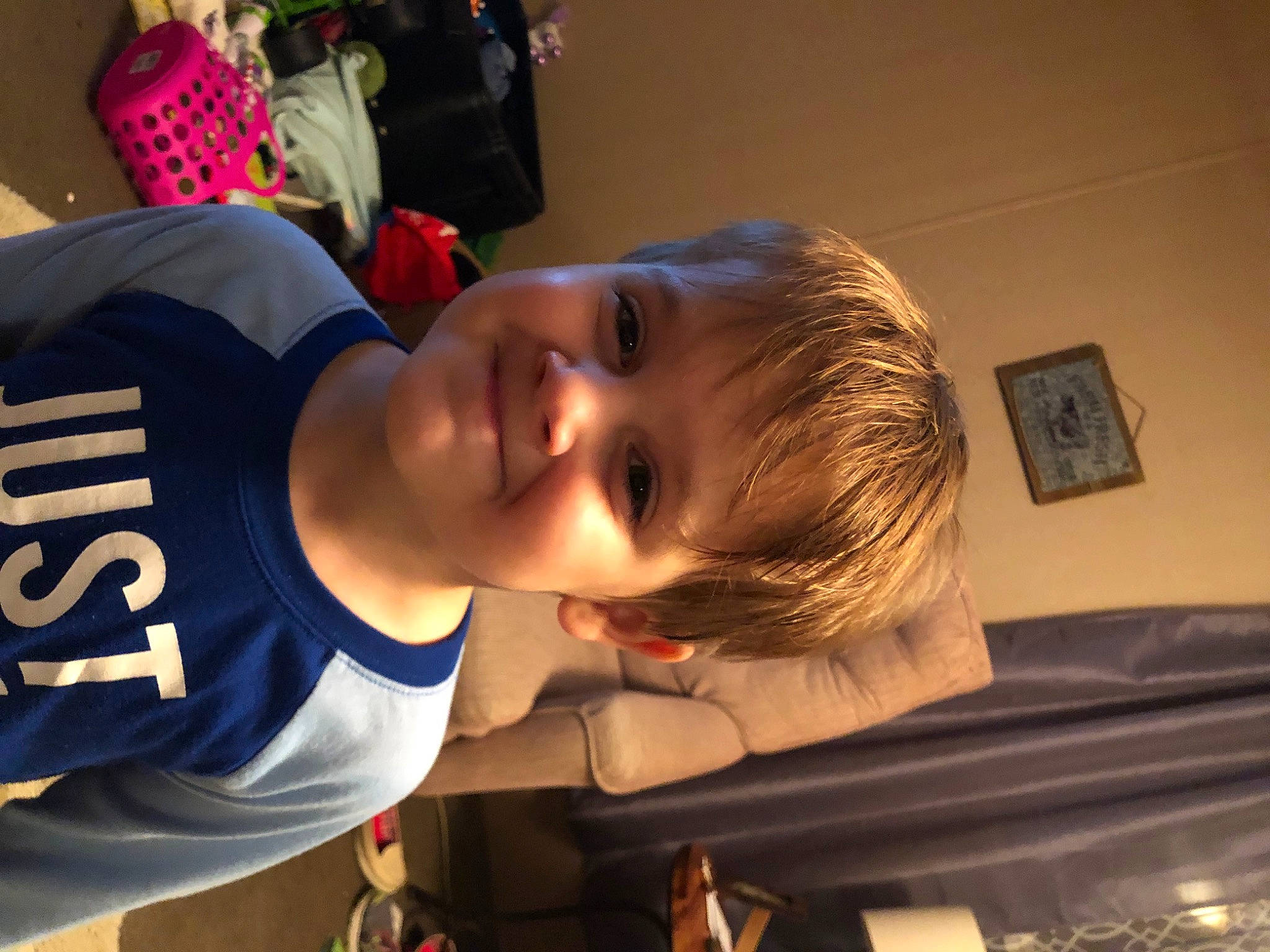 Jaxon joined the competition — help win amazing prizes! backpack, cheek, child, electric_blue, fun, happy, jersey, joy, luggage_and_bags, mouth, nose, person, picture_frame, room, smile, sportswear, t_shirt, toddler