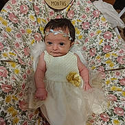 Kinsley joined the competition — help win amazing prizes! baby, infant, two_months, dress, headband, flower, blanket, floral_pattern, wooden_sign, cute, portrait, lying_down, indoors, soft_texture, young_child, person, newborn, baby_clothes, decor, head