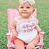 baby, child, infant, blue_eyes, pink_chair, outdoor, grass, headband, cute, milestone, smiling, sitting, summer, clothing, portrait, happy, one_year, cute_baby, baby_girl, baby_outfit
