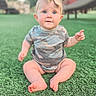 Bexley joined the competition — help win amazing prizes! baby, child, infant, outdoor, grass, green, headband, camouflage, onesie, cute, sitting, toes, playful, portrait, daylight, curious, face, young, people, nature