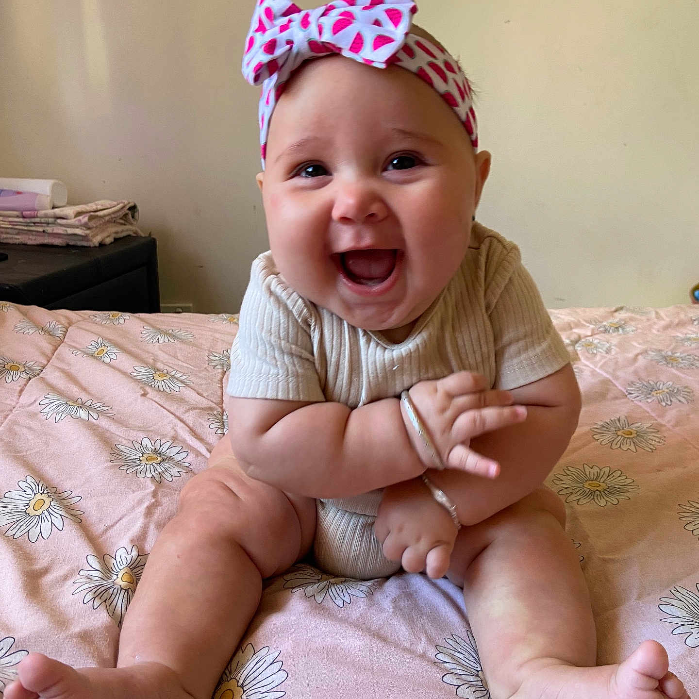 Kyarni joined the competition — help win amazing prizes! arms, baby, blanket, bow, child, chubby, cute, floral_pattern, happy, headband, indoors, infant, joyful, legs, person, pink, portrait, sitting, skin, smiling