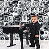 toddler, child, baby, tuxedo, piano, miniature, black_and_white, collage, photography, smile, formal_wear, floor_reflection, portrait, indoor, cute, background, artistic, happy, standing, small_piano