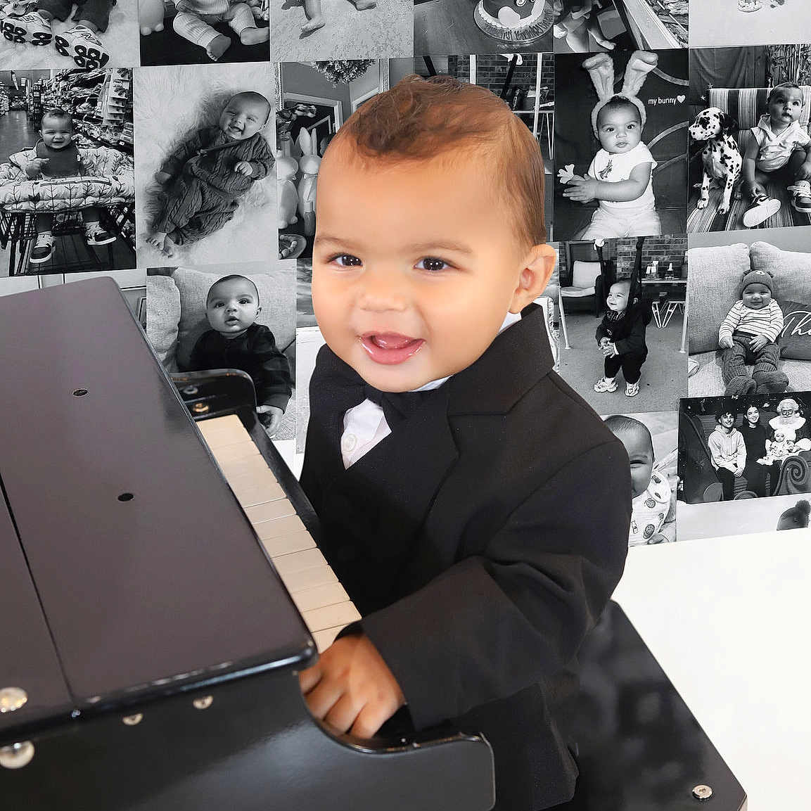 Giovanni is registered to the contest to win money with this photo: toddler, child, piano, tuxedo, smiling, baby, black_and_white, collage, photography, musical_instrument, seated, indoors, cute, formal_wear, portrait, young_child, black_piano, small_piano, happy, music