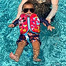 baby, child, sunglasses, life_jacket, mickey_mouse, water, pool, swimming, floating, adult_hands, summer, sunny, blue, splash, fun, outdoor, clothing, swimwear, cute, happy
