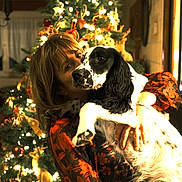 Stan participe au concours pour gagner de l'argent avec cette photo : black_and_white, celebration, christmas_tree, cozy, decorations, dog, festive, fur, happy, holding, holiday, indoor, lights, person, pet, red_bow, seasonal, smiling, tree_ornaments, warm