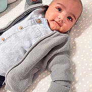 Yunus Azaan joined the competition — help win amazing prizes! baby, infant, face, eyes, hand, clothing, sweater, shirt, button, blanket, polka_dot, lying_down, cute, portrait, child, newborn, soft, cozy, indoors, skin