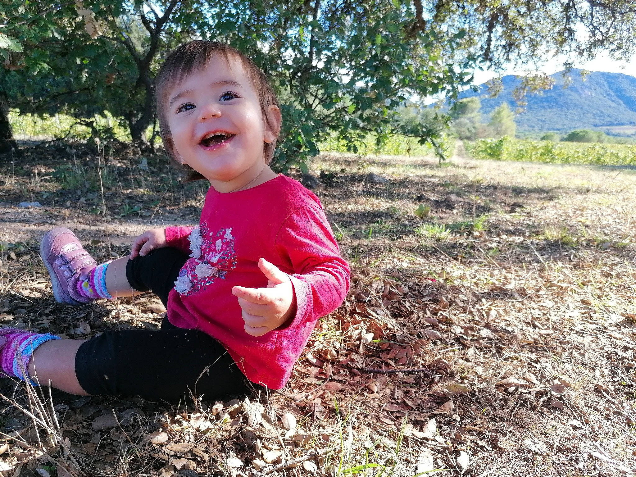 Maëlya participe au concours pour gagner de l'argent avec cette photo : adaptation, child, face, facial_expression, fun, grass, happy, leaf, people, person, pink, plant, play, sitting, smile, soil, spring, summer, toddler, tree