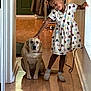 Major joined the competition — help win amazing prizes! animal, candid, casual, child, cute, dog, dress, friendship, hallway, home, human, indoor, mickey_mouse_pattern, patting, pet, shoes, smiling, socks, warm_lighting, wooden_floor