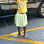Madison is registered to the contest to win money with this photo: arms_raised, braided_hair, car, casual_clothing, child, concrete, daylight, footwear, green_skirt, happy, outdoor, parking_lot, person, reflection, smiling, sparkly_shoes, standing, toddler, vehicle, yellow_tshirt