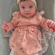 éléa participe au concours pour gagner de l'argent avec cette photo : adorable, baby, baby_seat, child, cozy, cute, expression, floral_embroidery, gray_cushion, headband, indoors, infant, looking_at_camera, pink_dress, portrait, sitting, small_hands, soft_lighting, white_tights, young_child