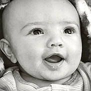 Zeke joined the competition — help win amazing prizes! baby, infant, face, eyes, mouth, smile, expression, blanket, clothing, portrait, closeup, head, cute, newborn, child, soft, black_and_white, happy, cozy, young