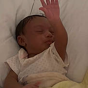 Arimani Rhian joined the competition — help win amazing prizes! baby, newborn, sleeping, bed, blanket, white_bedding, infant, portrait, face, hand, raised_hand, onesie, clothing, indoors, bedroom, resting, peaceful, soft_lighting, close_up, parenting