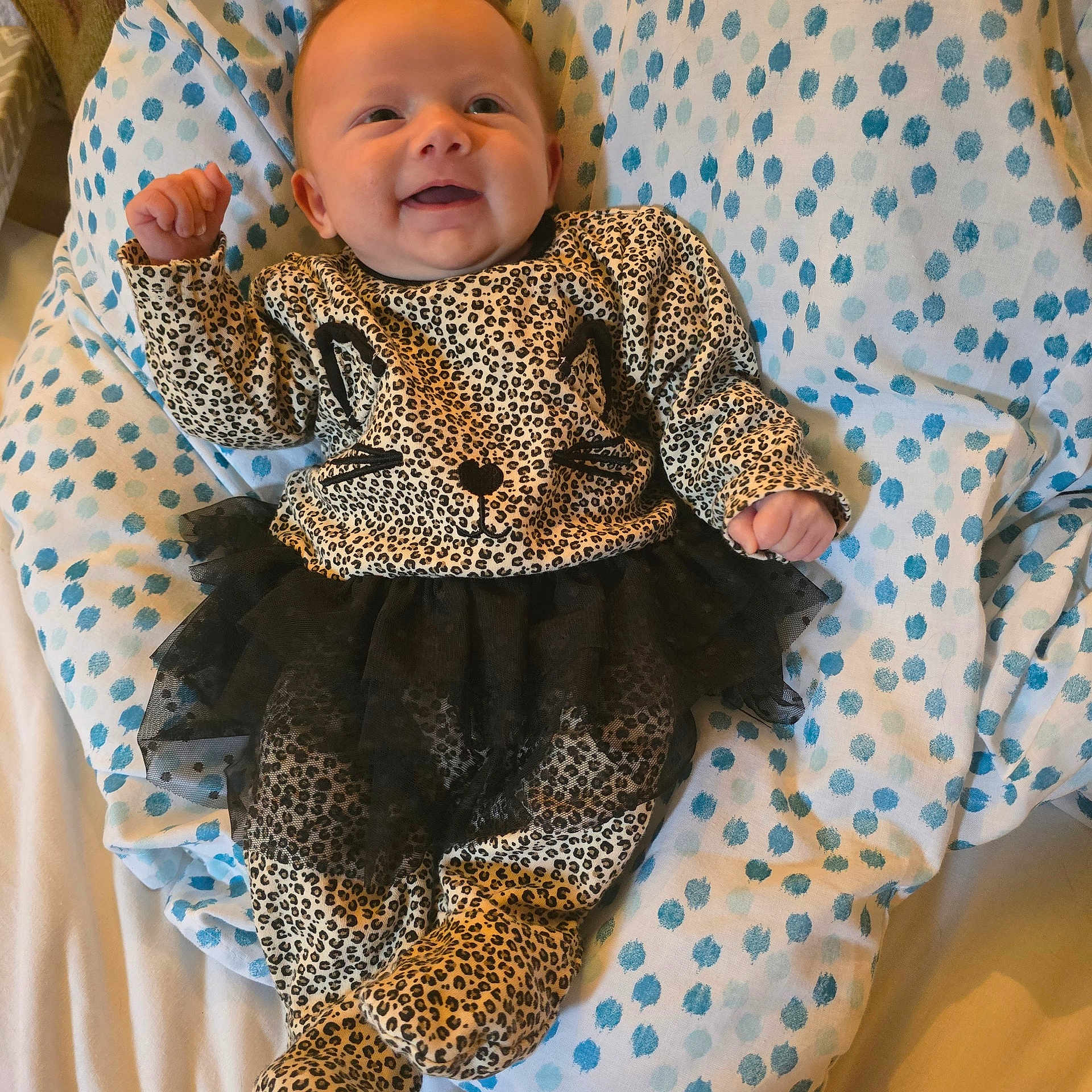 Samantha is registered to the contest to win money with this photo: baby, infant, smiling, leopard_print, onesie, tutu, black_tutu, blanket, polka_dot, blue, white, happy, child, lying_down, cute, fist_raised, face, person, clothing, bed