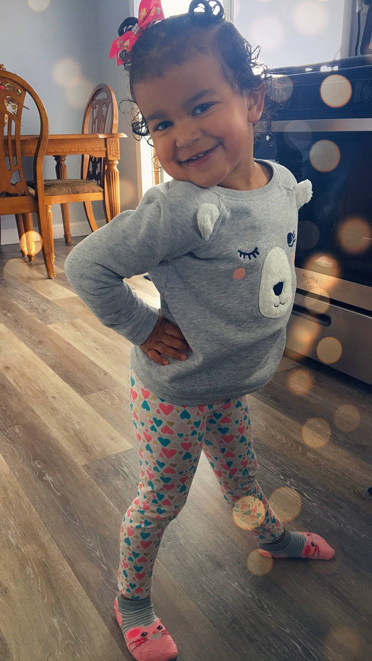 Maliah is registered to the contest to win money with this photo: baby, child, joy, pajamas, person, play, shoe, skin, sleeve, smile, sportswear, standing, t_shirt, toddler, trousers