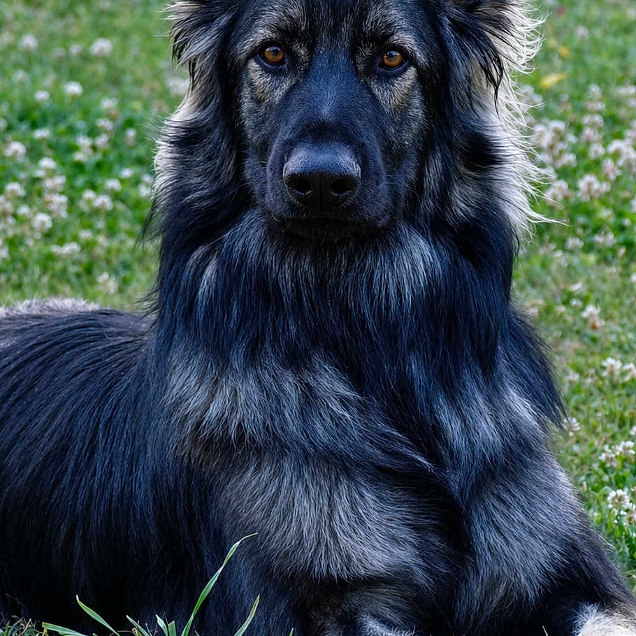 Automne a rejoint le concours — aidez-le/la à gagner de superbes lots ! alert, animal, black_dog, canine, closeup, daylight, dog, ears_up, flower, fur, garden, grass, laying_down, long_hair, muzzle, nature, outdoor, paw, pet, portrait