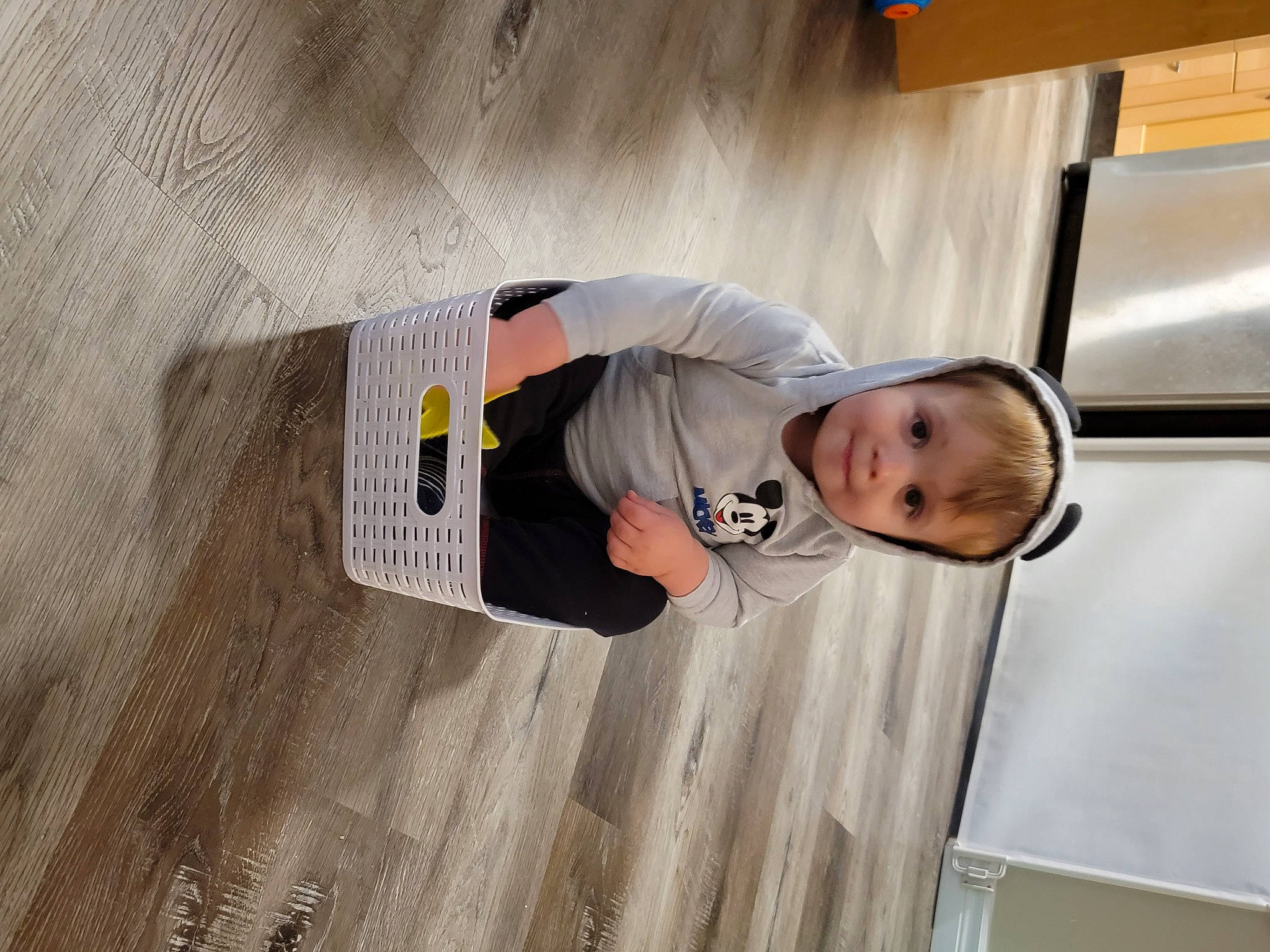 Declan is registered to the contest to win money with this photo: baby, baby_toddler_clothing, child, comfort, elbow, floor, flooring, fun, hardwood, laminate_flooring, person, room, sleeve, t_shirt, toddler, varnish, wood, wood_flooring, wood_stain