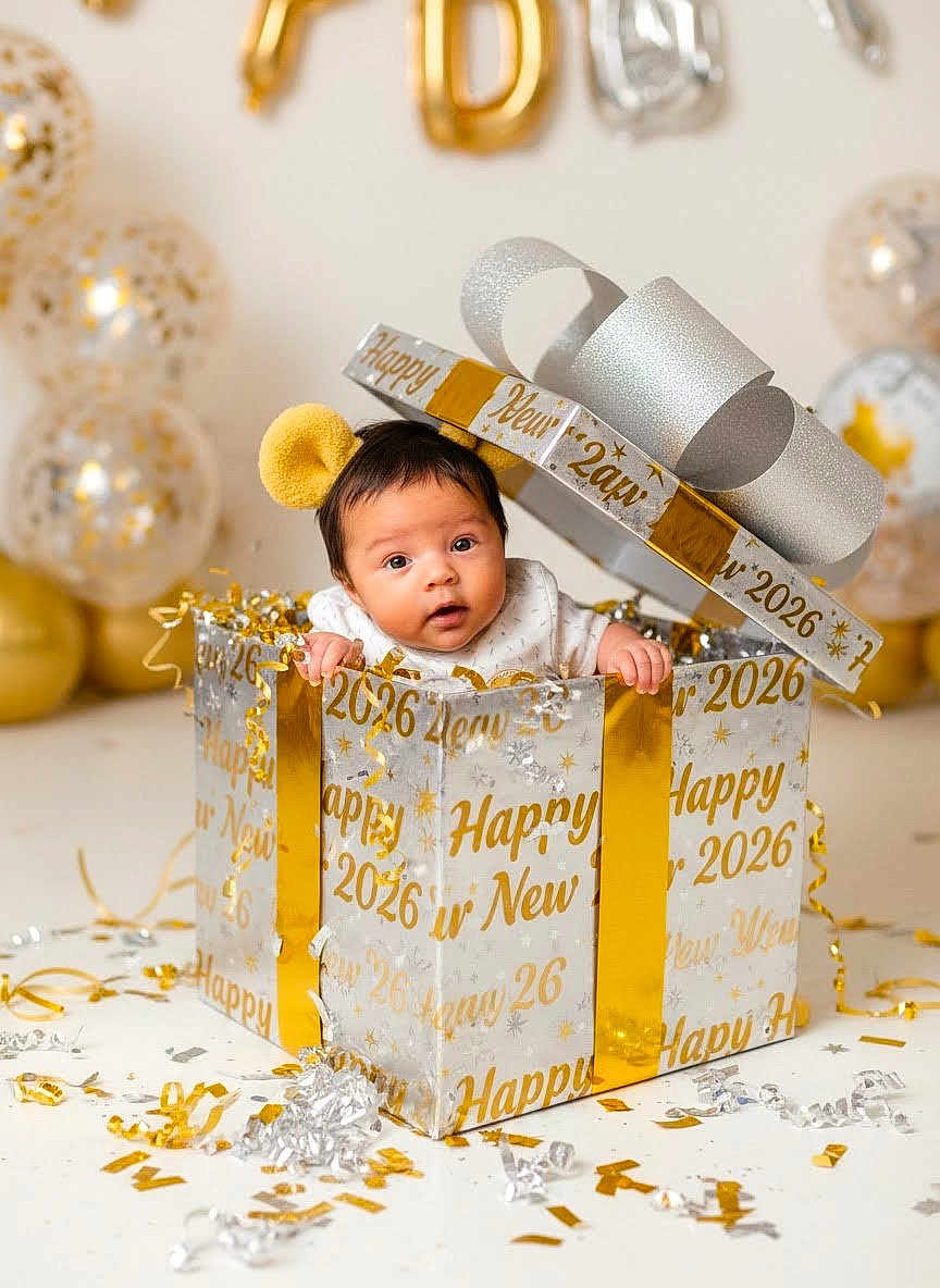 Elias Mateo joined the competition — help win amazing prizes! baby, gift_box, new_year, celebration, confetti, balloons, headband, yellow, silver, gold, cute, infant, party, holiday, festive, smiling, face, child, indoors, decorations