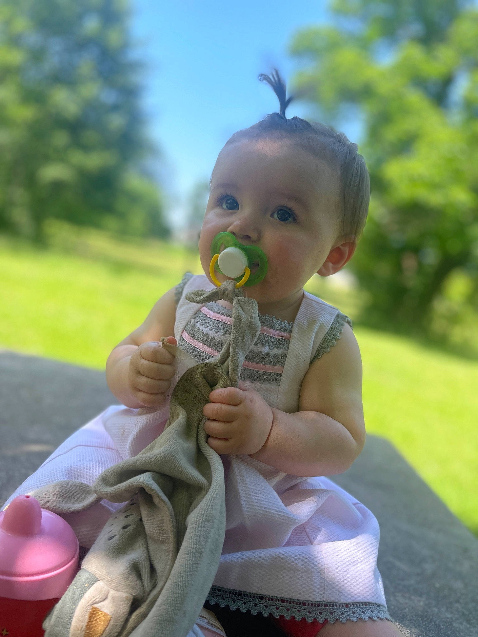 Lydia a rejoint le concours — aidez-le/la à gagner de superbes lots ! baby, baby_products, child, doll, fun, garden, grass, happy, leisure, liquid_bubble, people_in_nature, person, pink, plant, recreation, sitting, sky, sunlight, toddler, toy