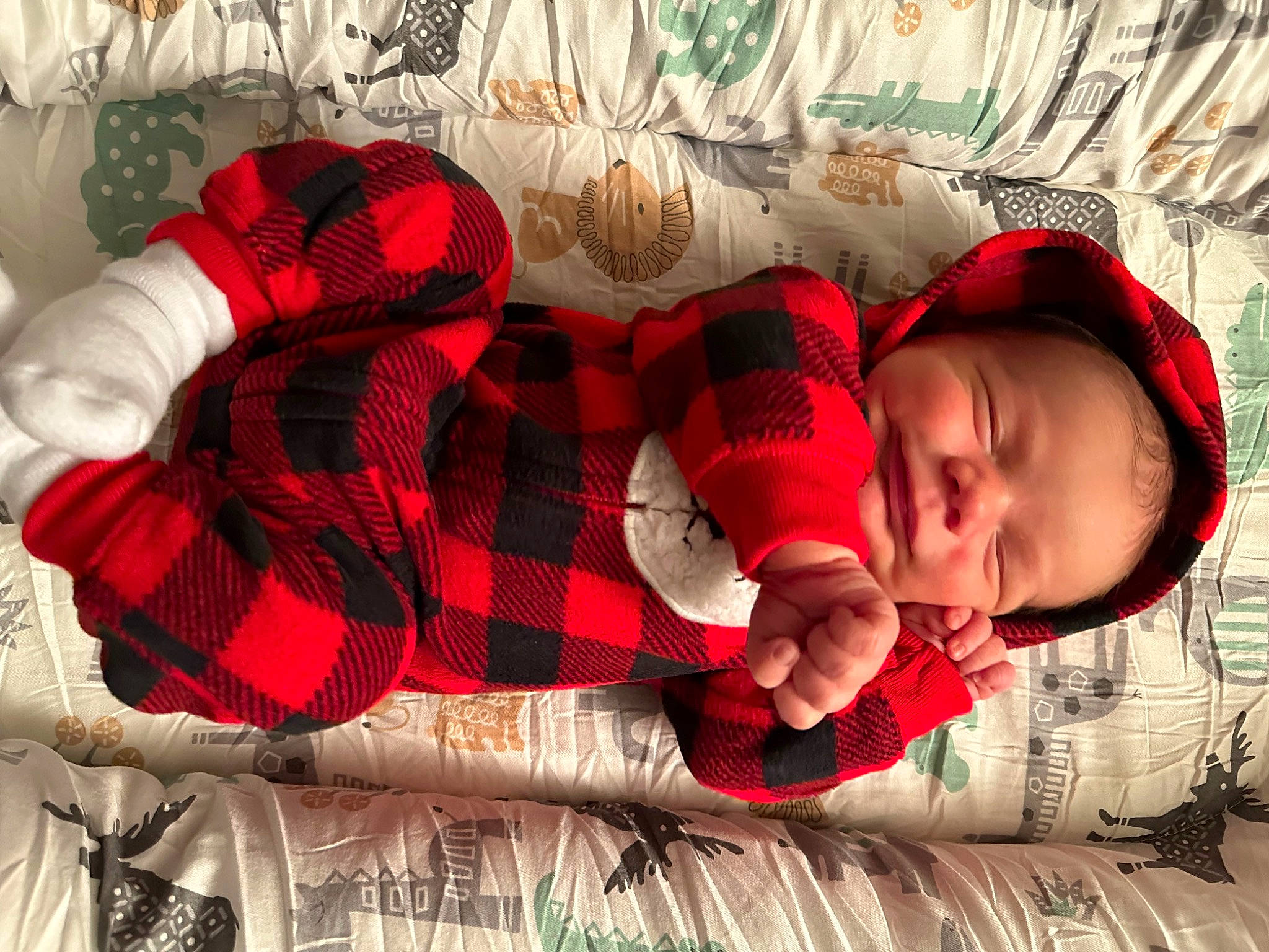 Hayes is registered to the contest to win money with this photo: baby, baby_toddler_clothing, carmine, child, christmas, comfort, couch, event, happy, holiday, linens, pattern, person, plaid, room, sock, tartan, textile, toddler, wood