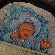 Ronnie is registered to the contest to win money with this photo: baby, newborn, sleeping, blue_clothing, baby_carrier, blanket, infant, cute, peaceful, soft_texture, hood, small_hands, face, portrait, rest, cozy, indoor, child, toddler, cute_baby