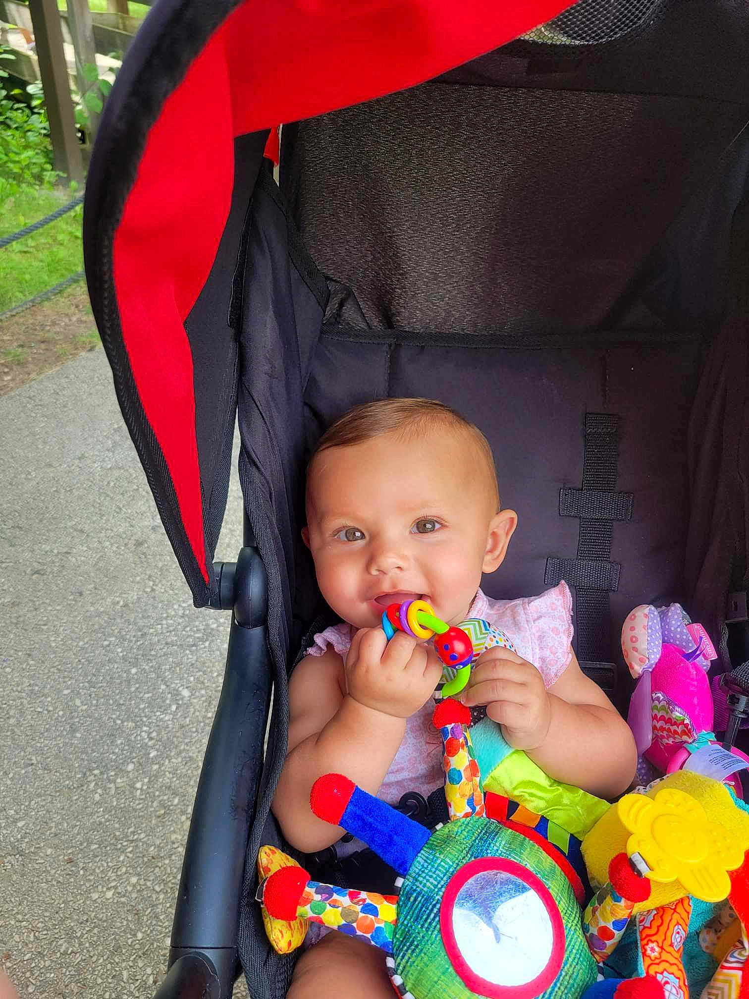 Rosealie is registered to the contest to win money with this photo: baby, baby_products, baby_toddler_clothing, black, child, event, fashion_accessory, fun, grass, happy, leisure, person, photograph, plant, product, red, sitting, snapshot, toddler, toy