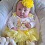 Delilah Denise is registered to the contest to win money with this photo: baby, baby_girl, blanket, child, clothing, comfort, cushion, cute, expression, headband, indoors, infant, plush_toy, portrait, relaxing, seat, sock, soft_toy, toy, yellow_tutu
