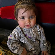 Novalee is registered to the contest to win money with this photo: toddler, child, pajamas, cute, indoor, face, eyes, sitting, cozy, clothing, home, blanket, couch, hair, rosy_cheeks, young_child, portrait, furniture, floor, expression