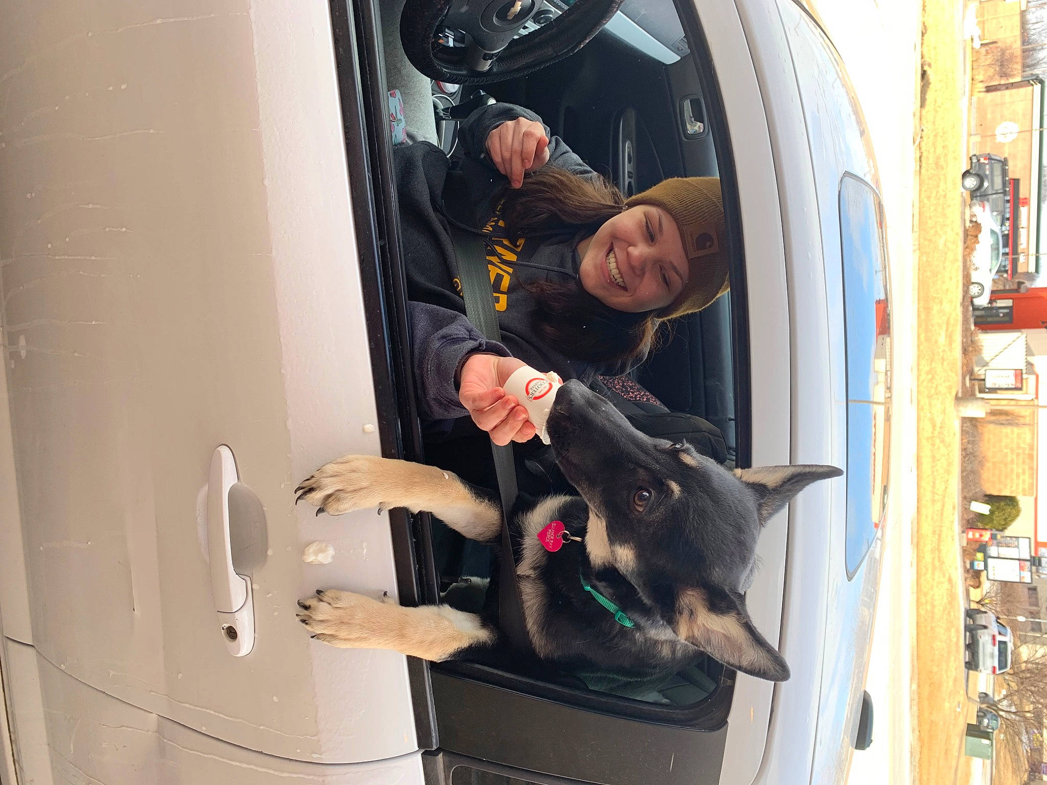 Ellanor Ray is registered to the contest to win money with this photo: automotive_design, automotive_exterior, automotive_lighting, dog, fun, machine, personal_protective_equipment, room, smile, vehicle_door