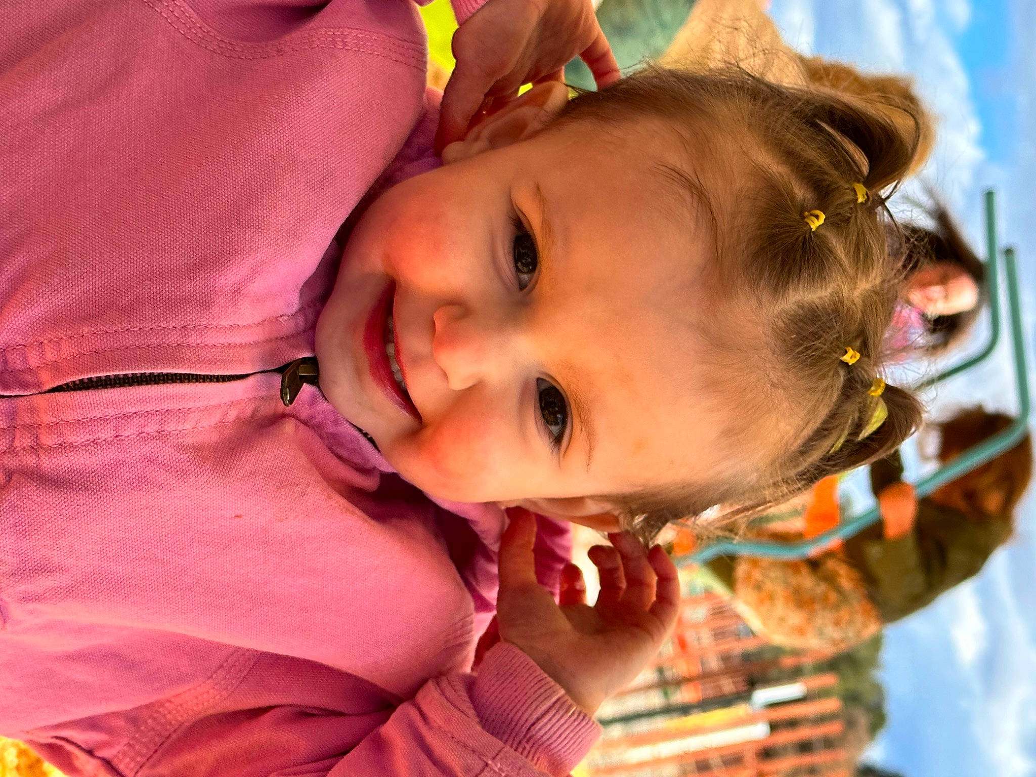 Aurora is registered to the contest to win money with this photo: cheek, child, chin, close_up, fun, hairstyle, happy, hat, human_body, iris, joy, leisure, lip, mouth, nose, orange, person, skin, sky, smile