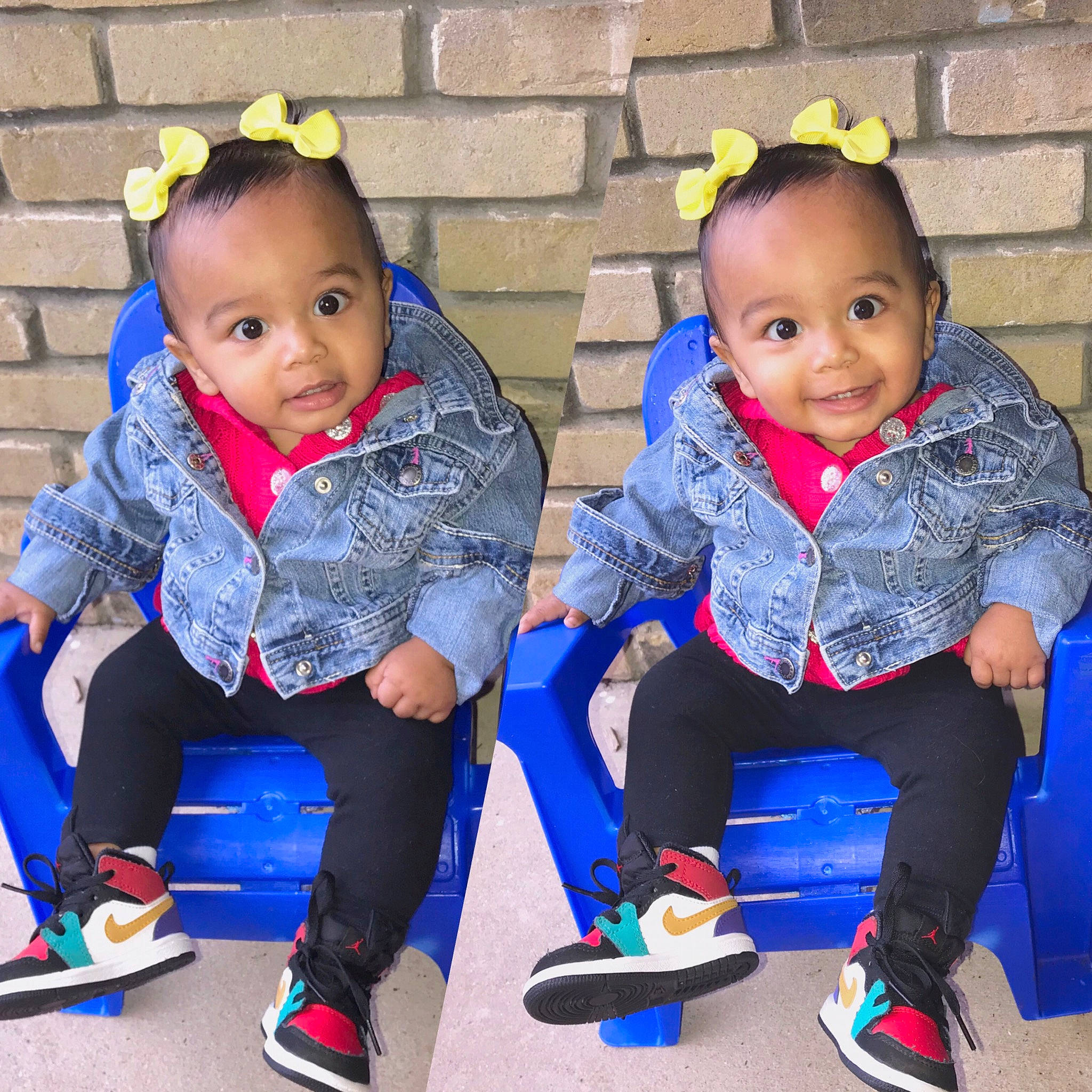 Abriella joined the competition — help win amazing prizes! baby, child, cool, family, footwear, happy, head, jacket, jeans, joy, outerwear, people, person, play, product, shoe, sibling, sitting, skin, smile