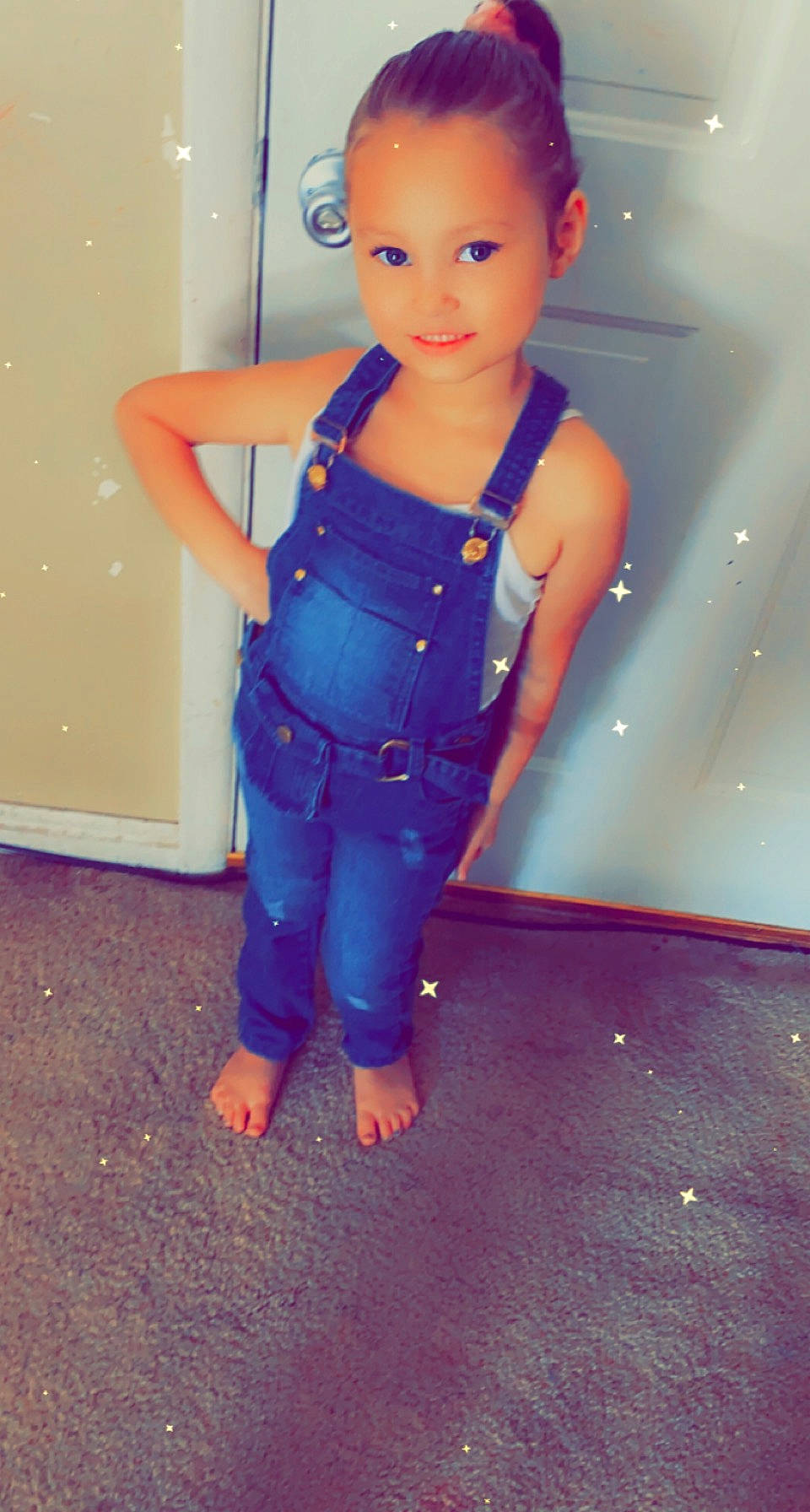 Alyvia joined the competition — help win amazing prizes! arm, baby_toddler_clothing, clothing, gesture, hair, hand, happy, human_body, jeans, leg, neck, one_piece_garment, person, shoulder, skin, sleeve, standing, thigh, toddler, trunk