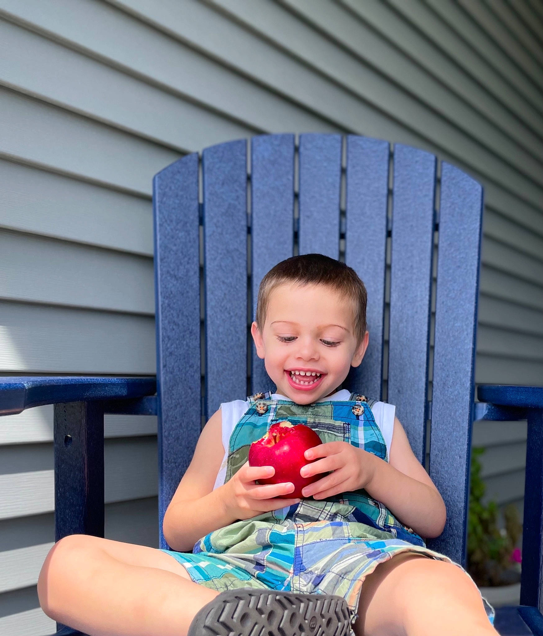 Landon joined the competition — help win amazing prizes! baby_toddler_clothing, blue, dress, electric_blue, eye, face, foot, fun, happy, human_leg, joy, lap, leg, leisure, magenta, outdoor_furniture, person, shorts, sitting, smile
