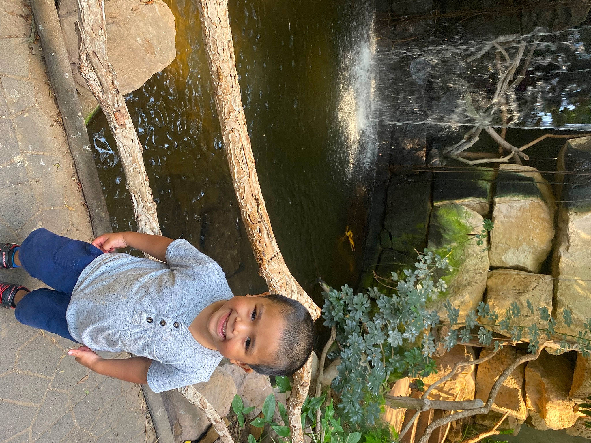 Benjamin is registered to the contest to win money with this photo: child, eye, fountain, fun, garden, grass, hat, joy, leisure, people_in_nature, person, plant, shrub, sitting, smile, sunglasses, toddler, tree, water_feature, wood
