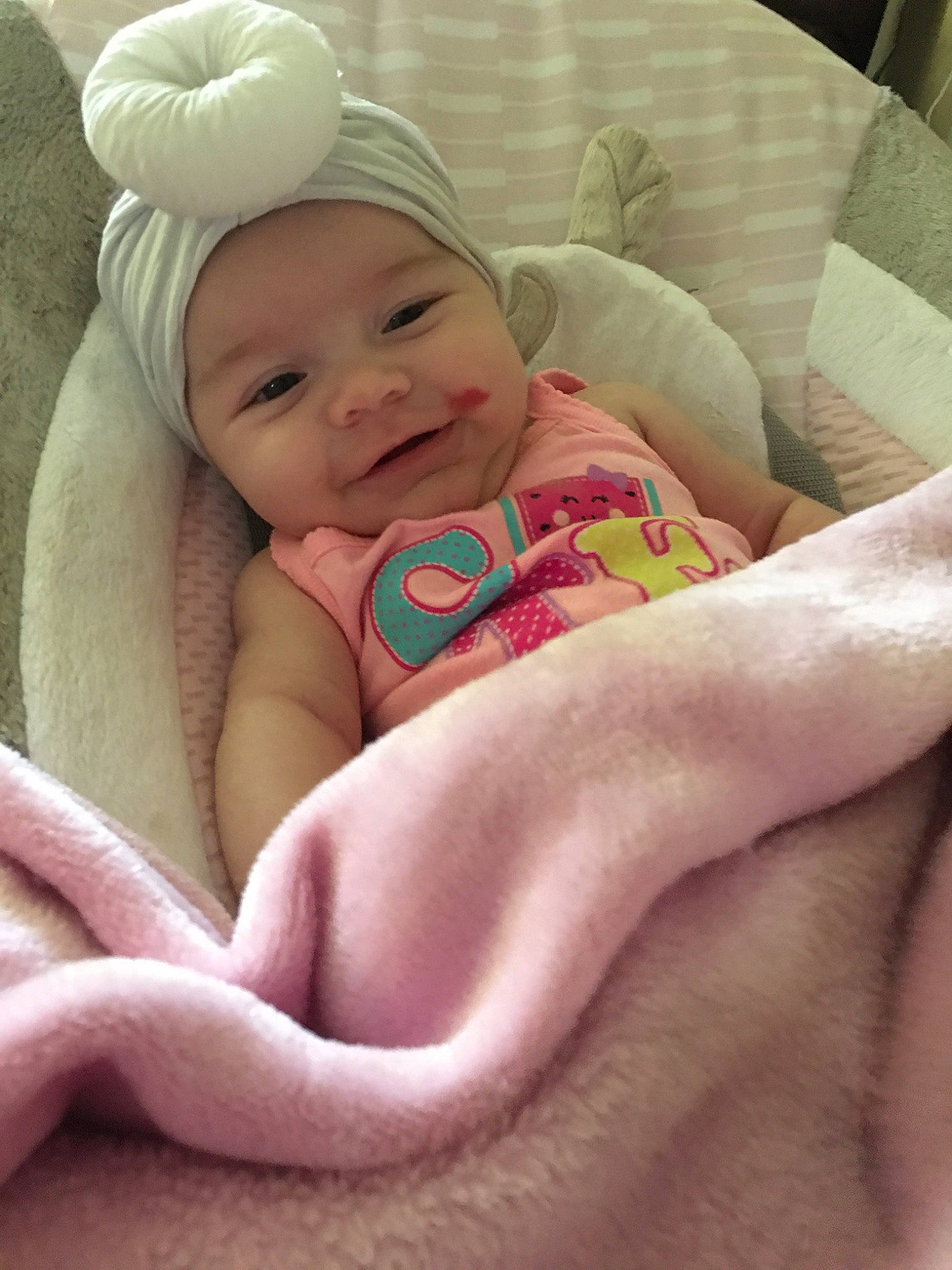 Leanna joined the competition — help win amazing prizes! baby, birth, cheek, child, face, headwear, linens, lip, mouth, nose, person, pink, skin, sleep, smile, toddler