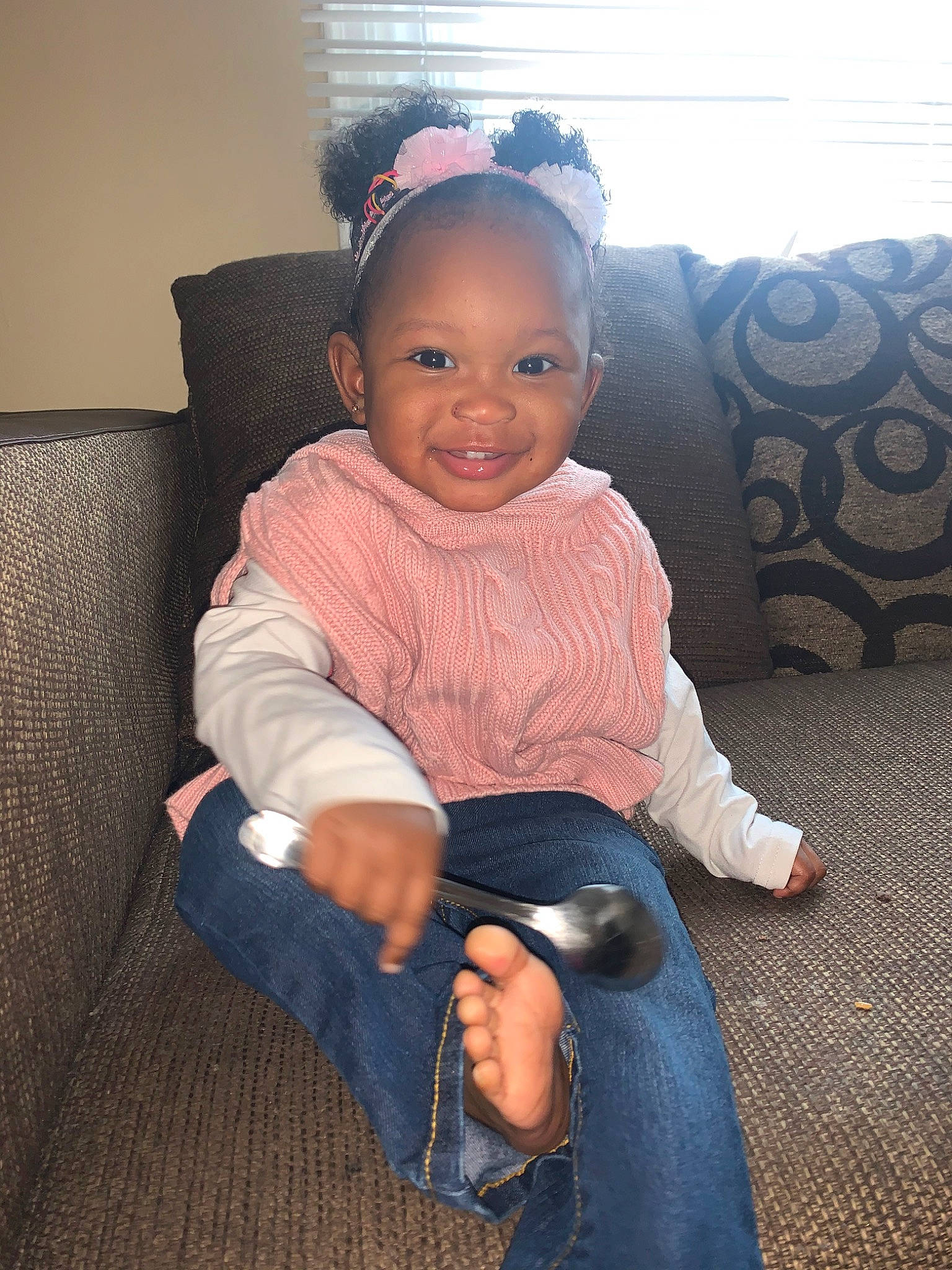 Skái joined the competition — help win amazing prizes! baby, chair, cheek, child, electronic_device, fun, head, headwear, joy, person, pink, sitting, skin, smile, technology, toddler