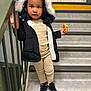 Kyara participe au concours pour gagner de l'argent avec cette photo : black_shoes, casual, child, croissant, cute, fashion, footwear, fur_hood, handrail, indoor, jacket, person, portrait, serious_expression, snack, stairs, standing, striped_clothing, toddler, young_child