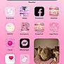 screenshot, smartphone, home_screen, pink_theme, app_icons, photos_widget, cats, cat, pets, feline, blanket, wall, indoor, technology, user_interface, social_media, weather_widget, clock, search_bar, communication