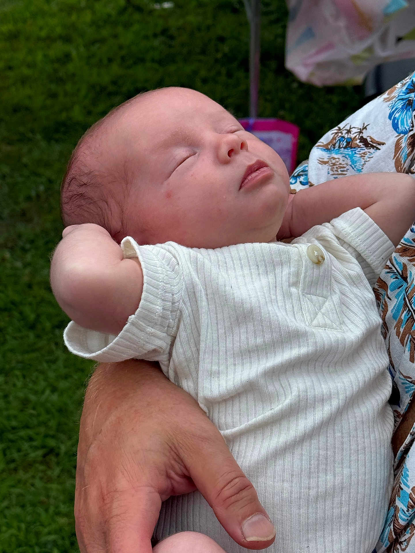 Ryder is registered to the contest to win money with this photo: baby, sleeping, infant, hands, grass, white_clothing, person, arm, peaceful, outdoor, closeup, skin, portrait, newborn, relaxing, human, soft_light, casual, resting, cute