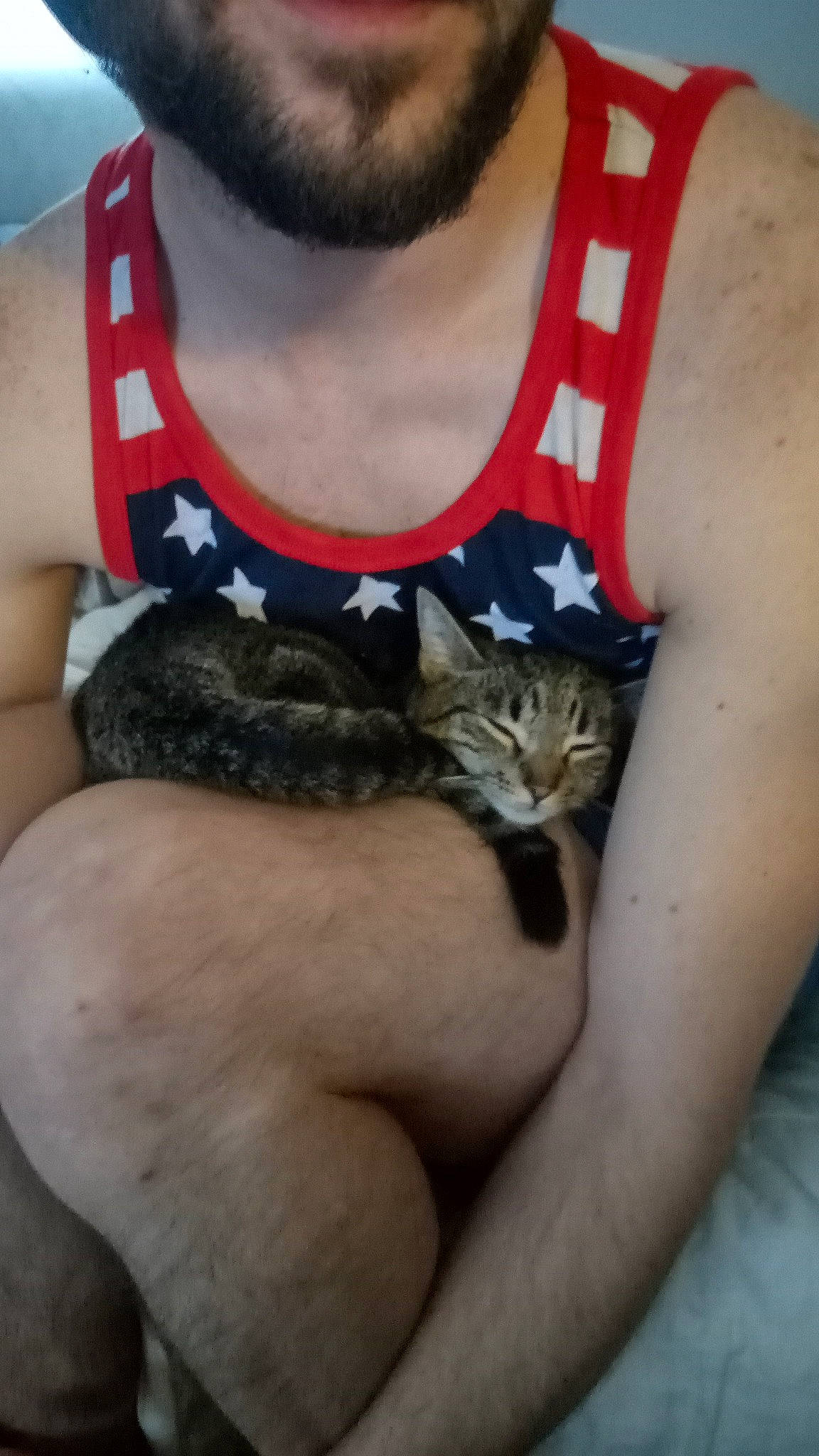 Luna joined the competition — help win amazing prizes! beard, black_hair, carnivore, cat, chest, fawn, felidae, finger, hand, neck, shoulder, skin, sleeve, sleeveless_shirt, small_to_medium_sized_cats, t_shirt, thigh, waist, whiskers, white