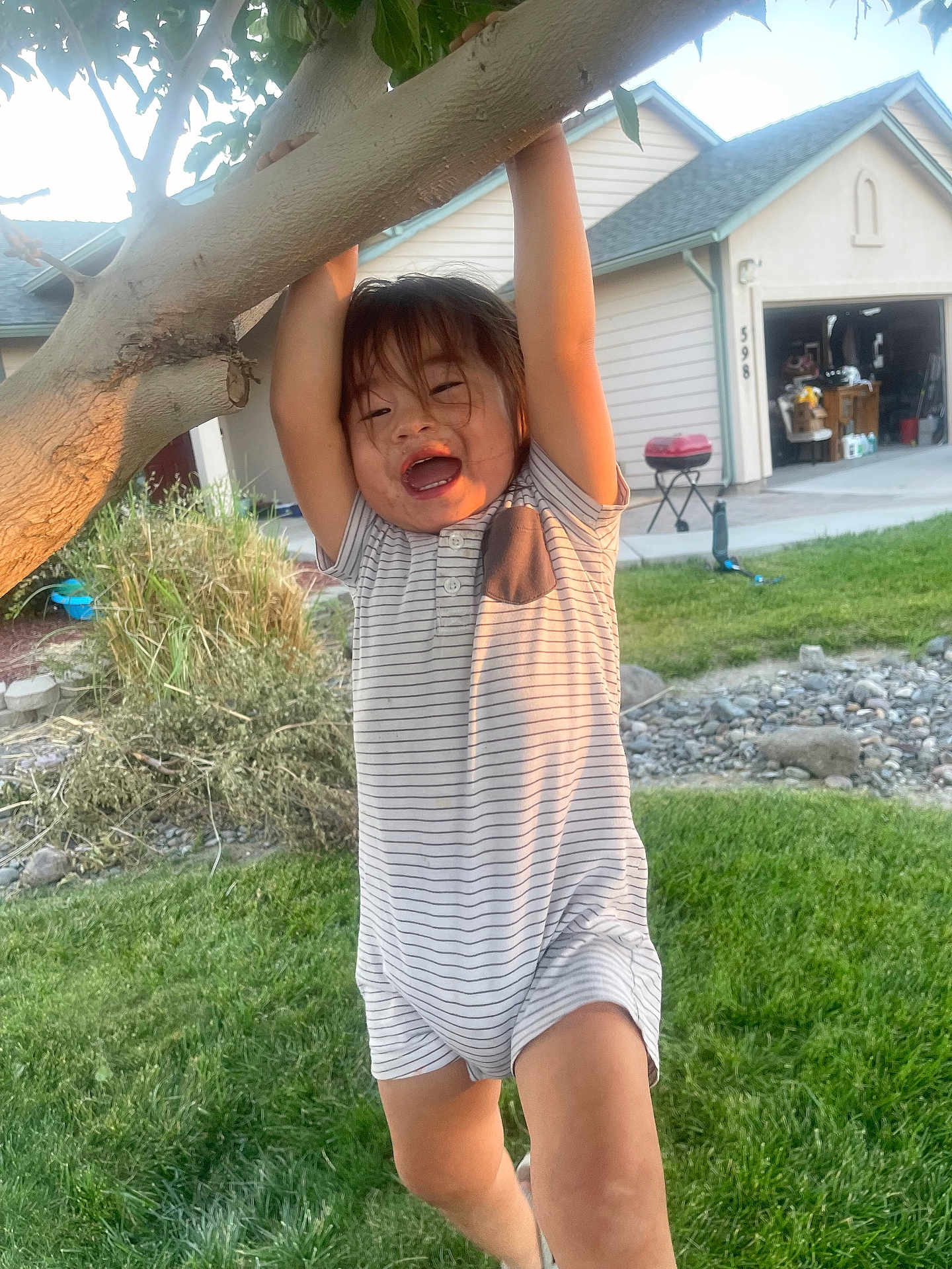 Koa is registered to the contest to win money with this photo: child, toddler, tree, branch, grass, lawn, house, garage, outdoor, play, smiling, happy, romper, striped_clothing, face, person, nature, yard, sunlight, fun