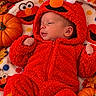 Athena is registered to the contest to win money with this photo: newborn, baby, infant, child, portrait, red_outfit, hooded_jumpsuit, elmo, stuffed_character, pumpkins, autumn, fall_leaves, blanket, lying_down, baby_face, cozy, colorful, seasonal, close_up, photography