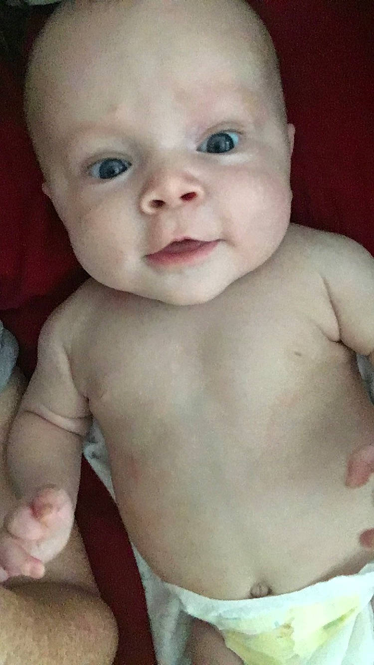 Keelan is registered to the contest to win money with this photo: baby, baby_making_funny_faces, cheek, child, chin, eye, eyebrow, face, facial_expression, forehead, head, jaw, lip, mouth, muscle, nose, organ, person, skin, smile