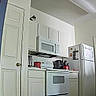 Tiger joined the competition — help win amazing prizes! kitchen, cat, appliance, microwave, stove, refrigerator, cabinet, door, countertop, cup, container, wall, vent, indoor, home, curious, peek, white, clean, quiet