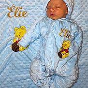 élie a rejoint le concours — aidez-le/la à gagner de superbes lots ! newborn, baby, sleeping, blue_blanket, onesie, hat, winnie_the_pooh, embroidery, soft_texture, cozy, infant, cute, peaceful, child, lying_down, fabric, clothing, indoors, portrait, resting