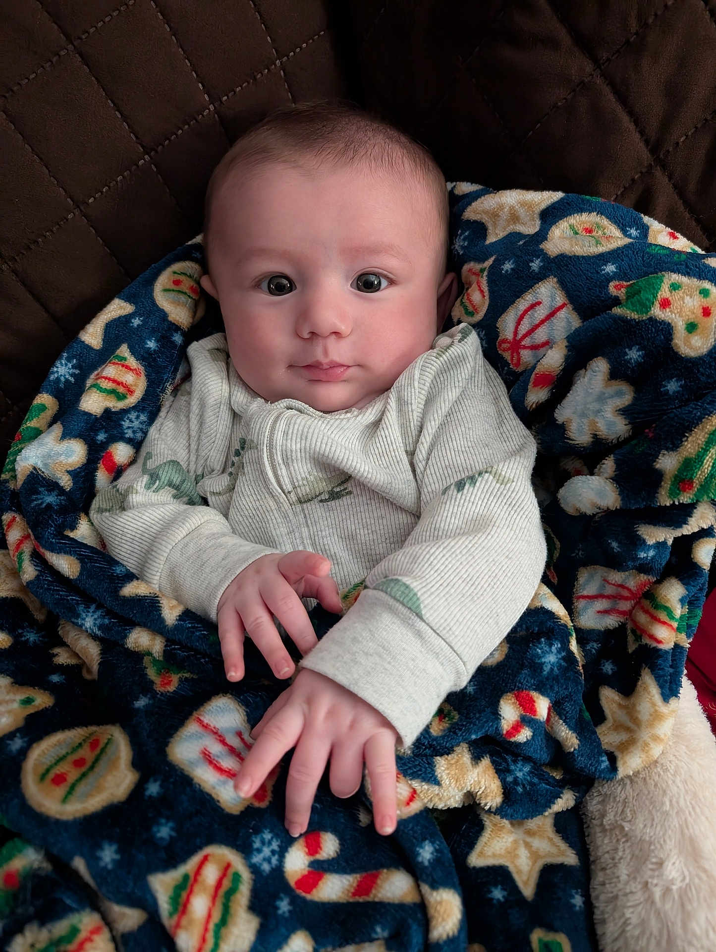 Cyrus joined the competition — help win amazing prizes! baby, infant, blanket, holiday, pattern, cozy, clothing, hands, face, eyes, quilted, brown, cute, portrait, indoor, soft, child, newborn, warm, comfort