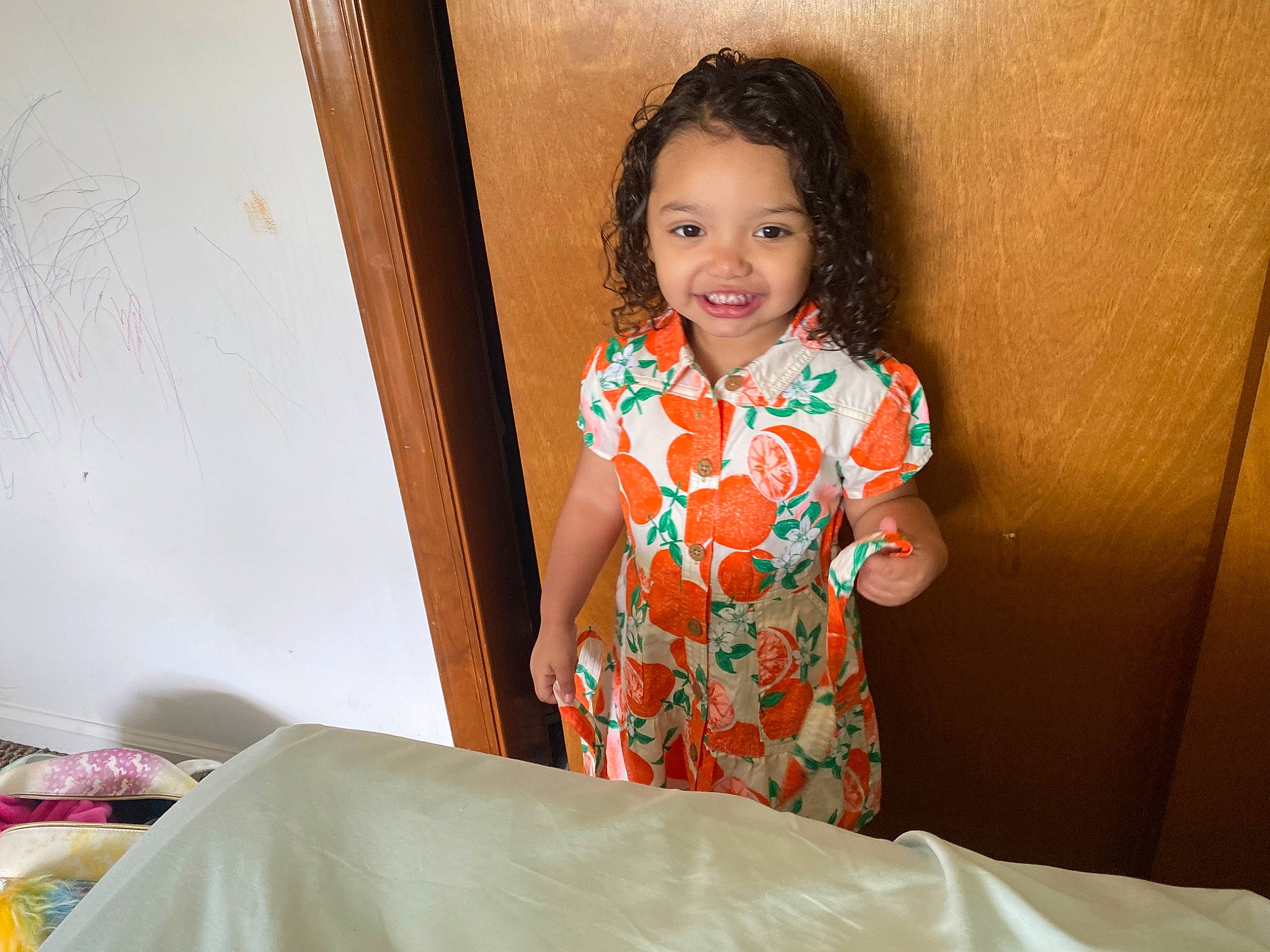 Aubreigh joined the competition — help win amazing prizes! child, comfort, dress, eye, face, fashion, flash_photography, fun, happy, joy, linens, person, room, skin, sleeve, smile, standing, summer, t_shirt, toddler